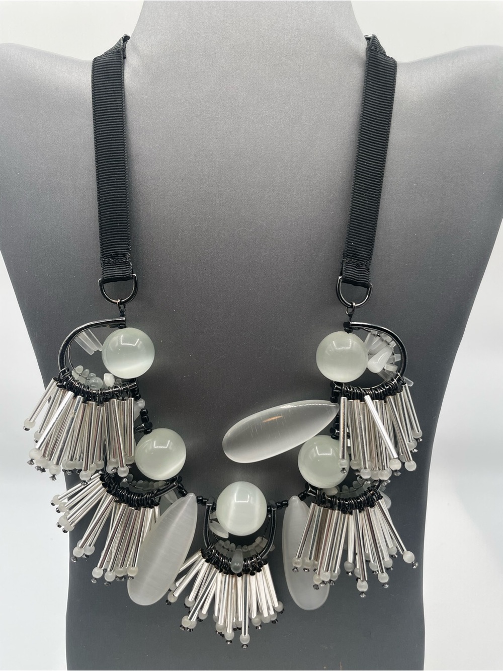 Statement Silver & Gray Fringe Pendant Necklace - Women Jewelry